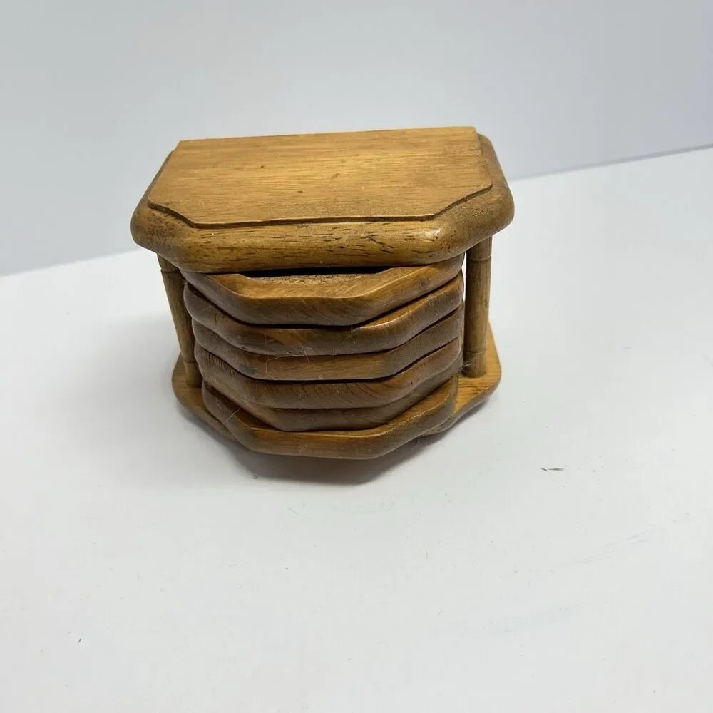Vintage Mid-Century Wooden Coaster Set with Holder Cork